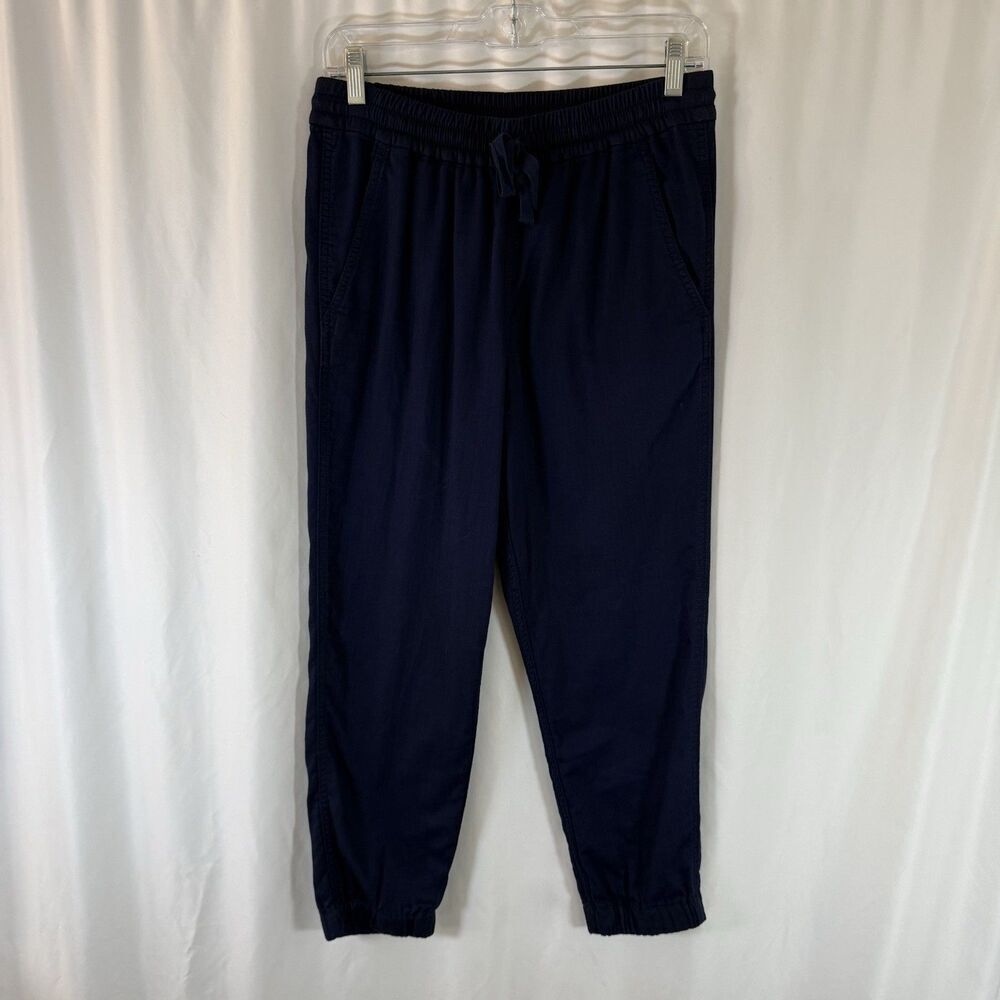 Point Sur Casual Pants Women's 2 Navy Blue Elastic Waist Striped 100% Cotton